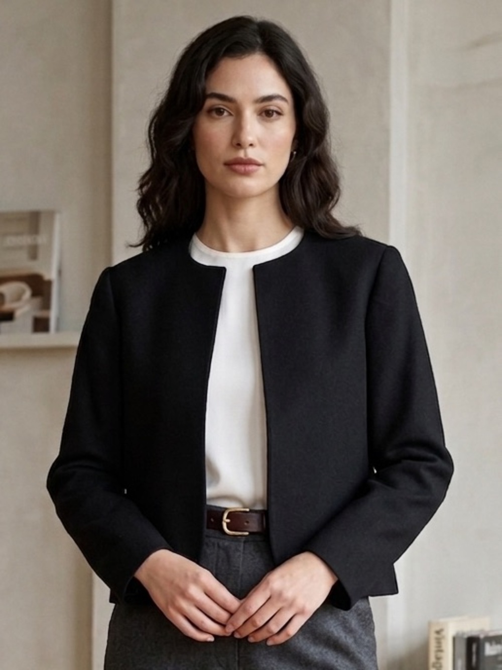 Vintage Lady Hardwick 100% Pure Wool Black Collarless Open Front Blazer Jacket 8